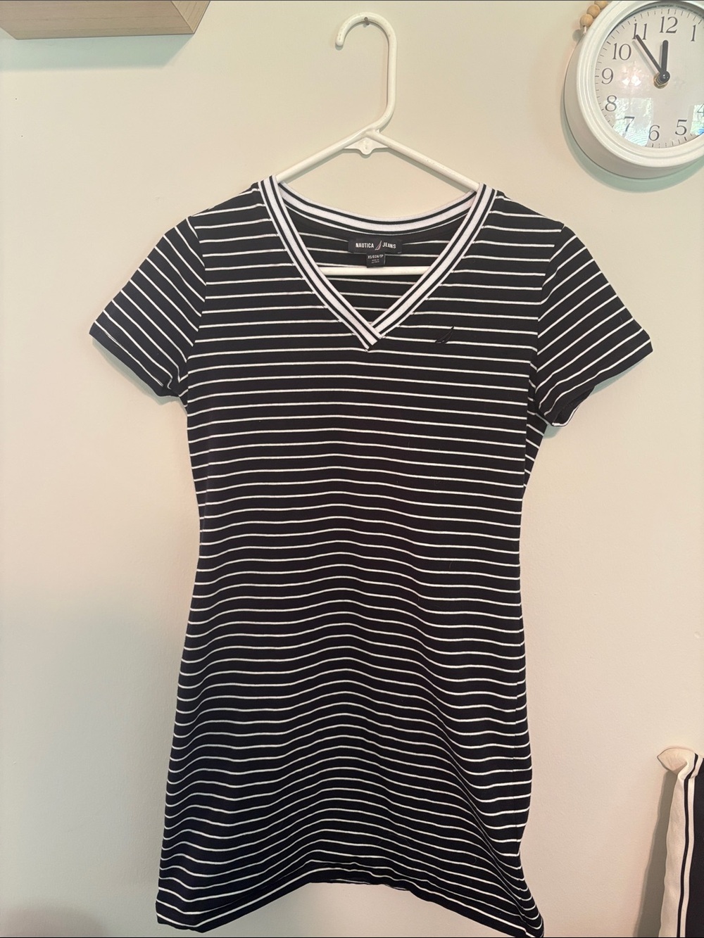 Nautica Navy and White Striped V‑Neck Knit Tee Dress